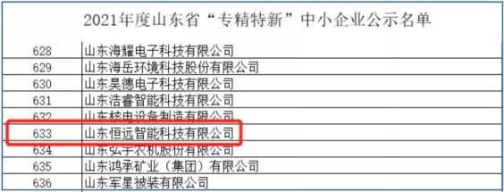 恒遠科技成功入選山東省“專精特新”企業(yè)